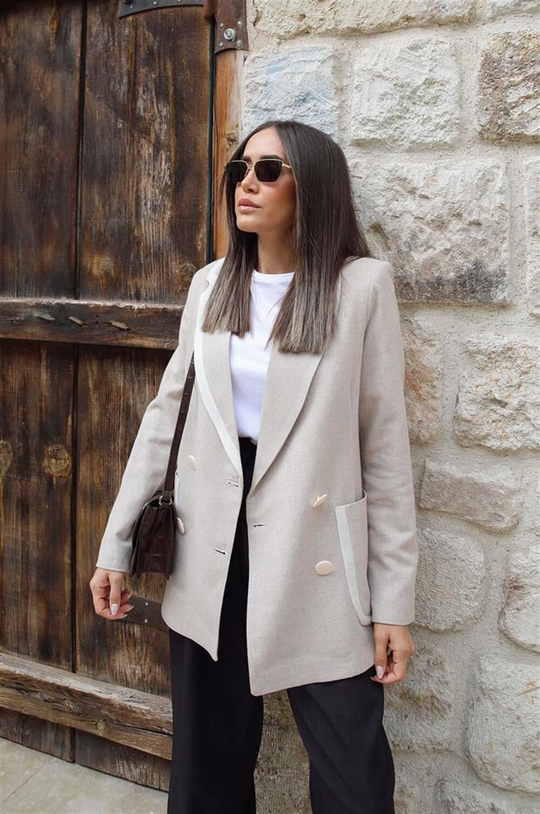 Şerit Detay Keten Blazer Ceket 