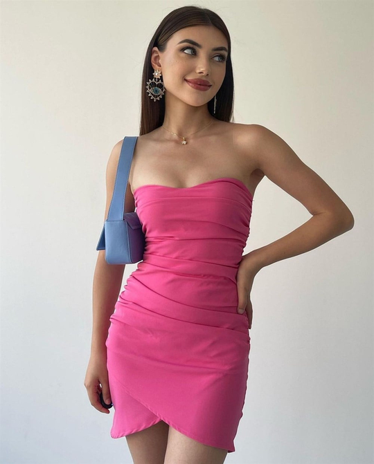 Straplez Mini Elbise PEMBE