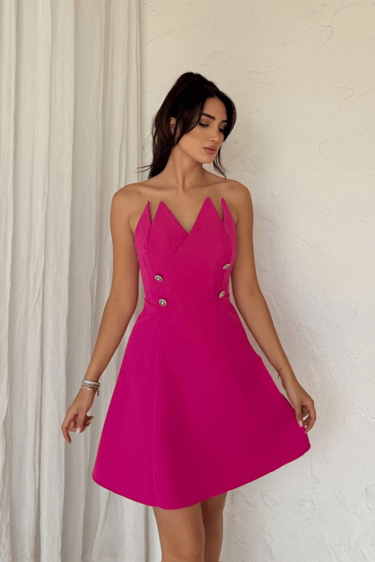 Straplez Yaka Detay Düğmeli Mini Elbise 9356