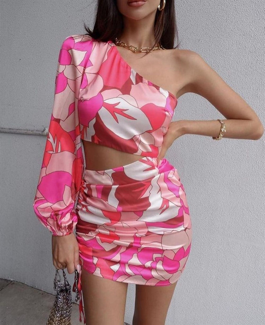 Tek Omuz Yanları Büzgülü Elbise PEMBE