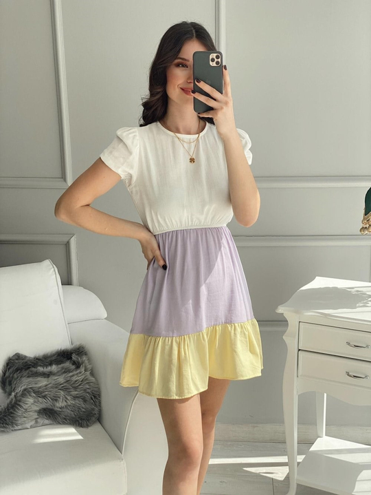 Üç Renkli Fırfırlı Elbise 5323 LİLA