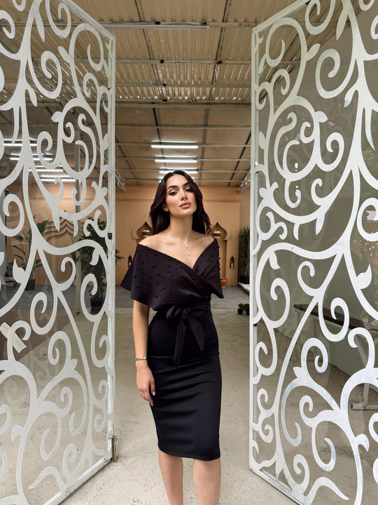 Viola İnci Detay Kemerli Elbise 582167 SİYAH