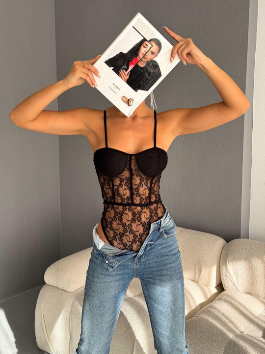 Woody Dantelli Ayarlanabilir Askılı Bodysuit 3534 SİYAH