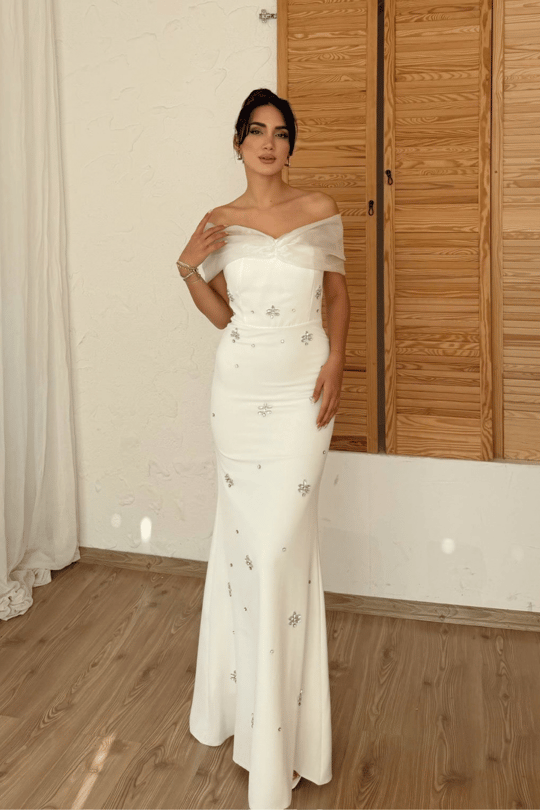 Yaka Tül Detay Taşlı Abiye 9372
