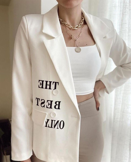 Yazı Baskılı Blazer Ceket BEYAZ