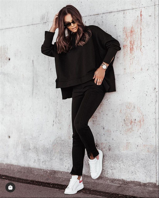 Yırtmaç Detaylı Şardonlu Sweat Pantolon Takım 36524 SİYAH