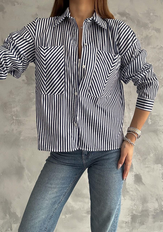 Zara Poplin Çizgili Gömlek 8030 LACİVERT