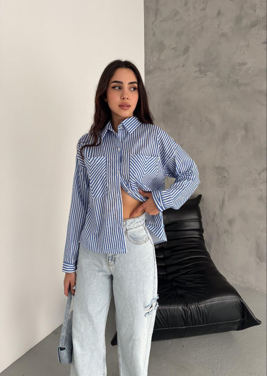 Zara Poplin Çizgili Gömlek 8030 MAVİ