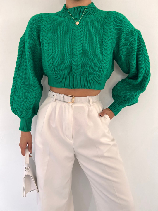 Zaul Kendinden Desenli Crop Kazak 86593 YEŞİL