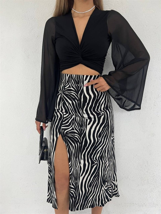 Zebra Süet Yırtmaçlı Etek ZEBRA