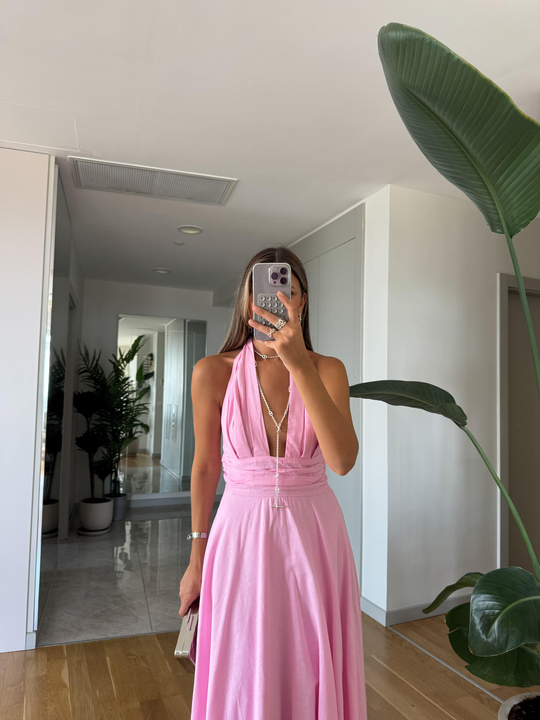 Bowli Boyundan Bağlamalı Halter Yaka Elbise - Pembe