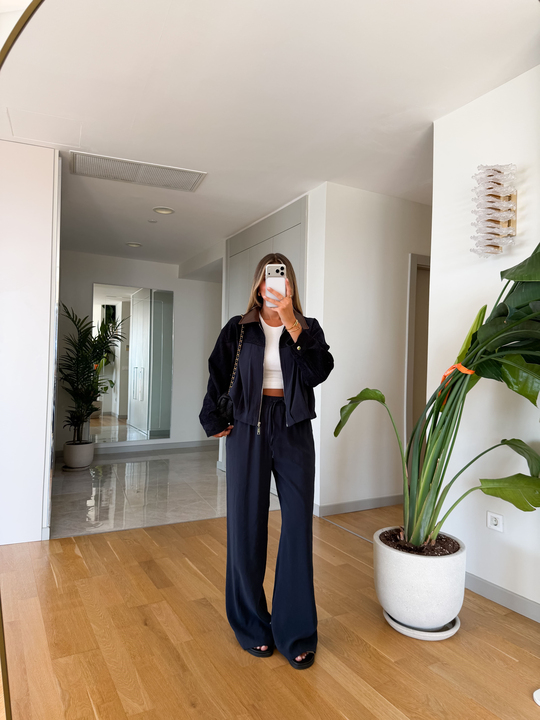 Deri Yakalı Bomber Takım - Lacivert