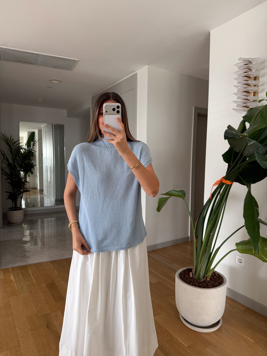 Dik Yaka Merserize Triko Bluz - Mavi 