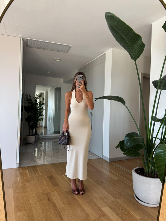 Dilvin Halter Yaka Midi Elbise - Taş