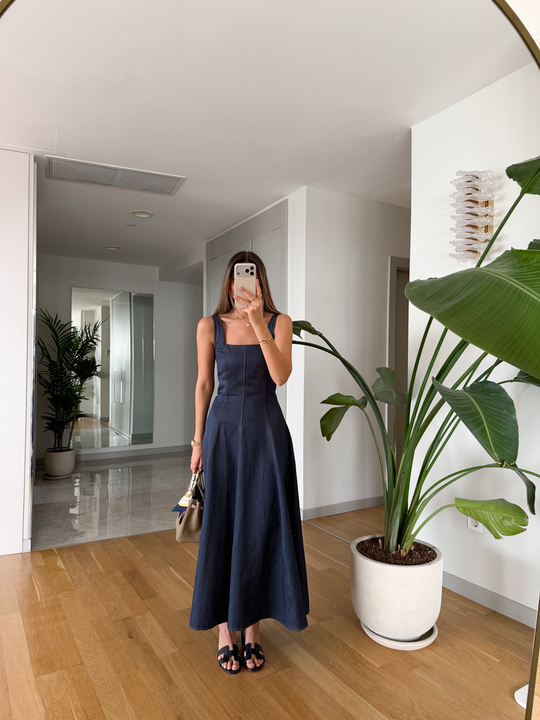 Kare Yaka Askılı Denim Elbise - Koyu Mavi