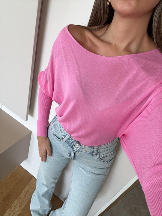 Kayık Yaka Kol Detaylı Triko Bluz - Pembe