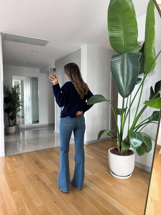 Kemik Düğmeli İspanyol Paça Jean - Mavi 