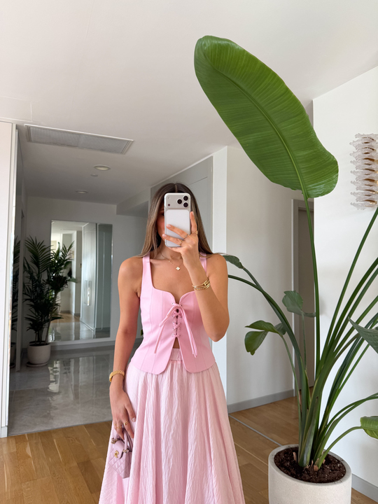 Korse Görünümlü Gabardin Bluz - Pembe