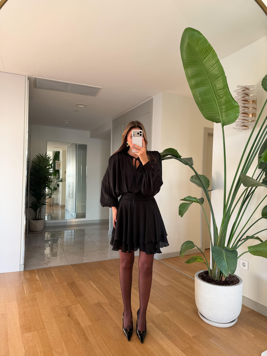 Mara Premium Volanlı Mini Elbise - Siyah