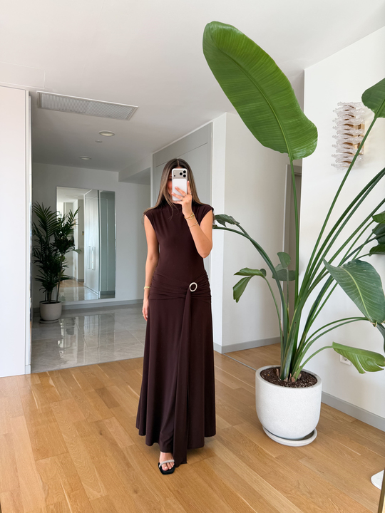 Sandy Toka Detaylı Elbise - Kahve