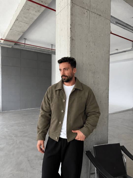 Haki Düğme Detaylı Boxy Süet Ceket PNC 5087