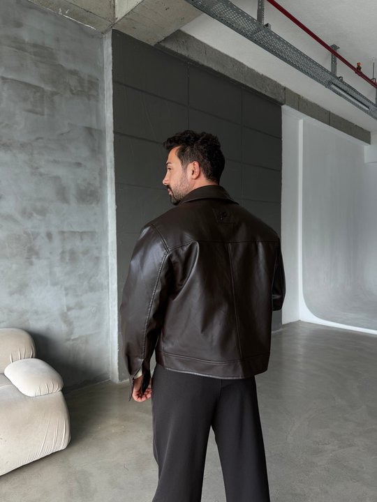 Kahve Boxy Düğmeli Deri Ceket PLZ 27203