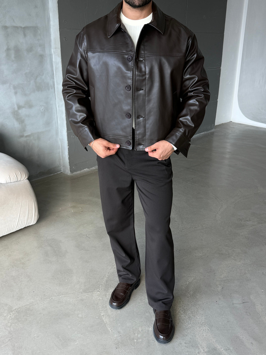 Kahve Boxy Düğmeli Deri Ceket PLZ 27203