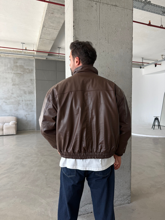 Kahve Dolumlu Bomber Boxy Deri Ceket ZG