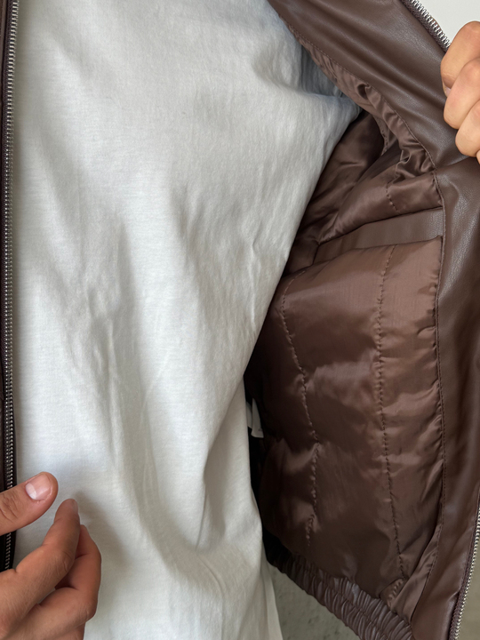 Kahve Dolumlu Bomber Boxy Deri Ceket ZG