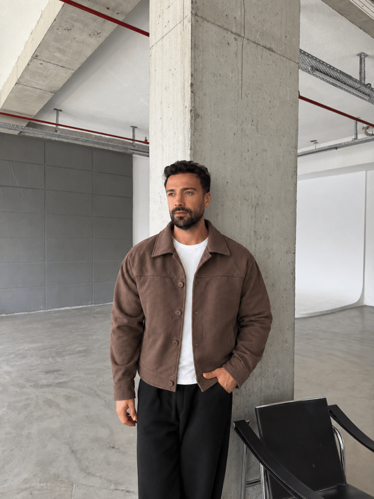 Kahve Düğme Detaylı Boxy Süet Ceket PNC 5087