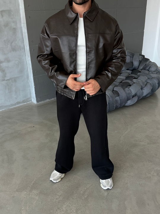 Kahve Fermuarlı Lastikli Deri Ceket Boxy PLZ 27201