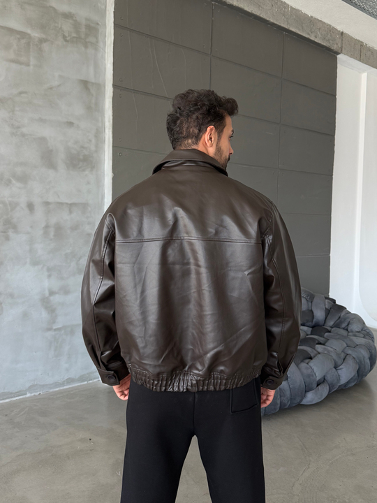 Kahve Fermuarlı Lastikli Deri Ceket Boxy PLZ 27201