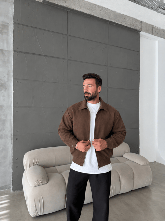 Kahve Kaşe Tam Fermuarlı Süet Ceket OTN 79028