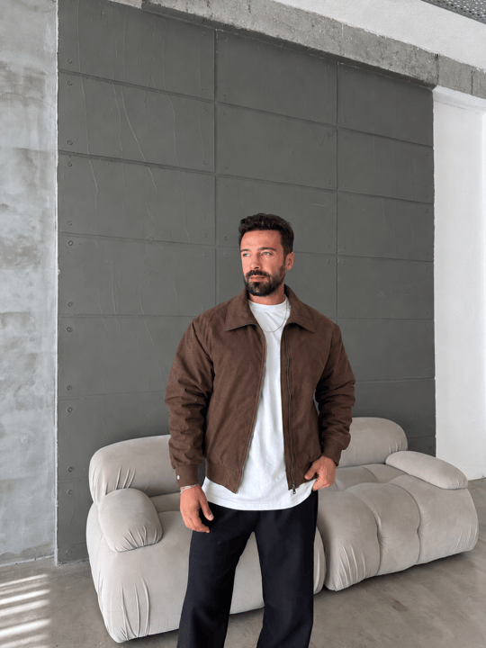 Kahve Kaşe Tam Fermuarlı Süet Ceket OTN 79028