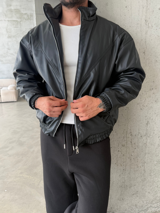 Siyah Dolumlu Bomber Boxy Deri Ceket ZG