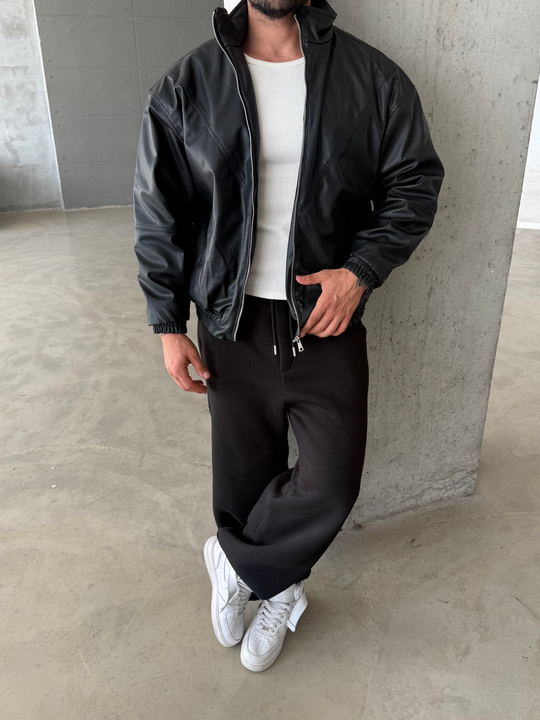 Siyah Dolumlu Bomber Boxy Deri Ceket ZG
