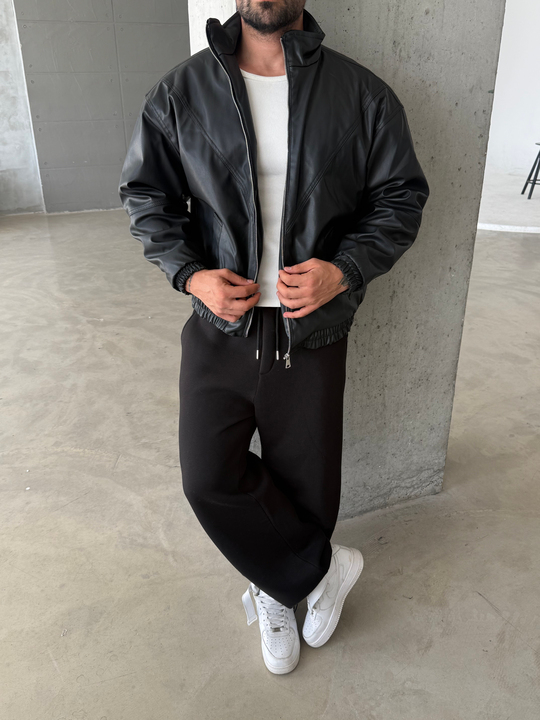 Siyah Dolumlu Bomber Boxy Deri Ceket ZG