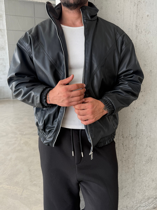 Siyah Dolumlu Bomber Boxy Deri Ceket ZG