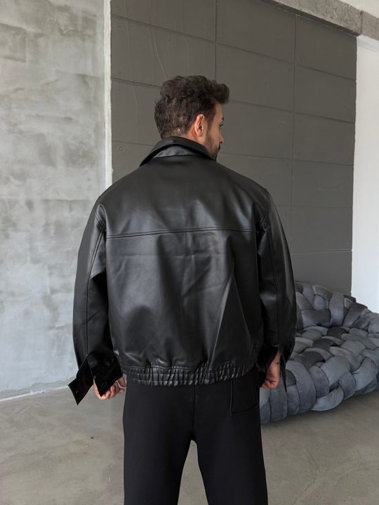 Siyah Fermuarlı Lastikli Deri Ceket Boxy PLZ 27201