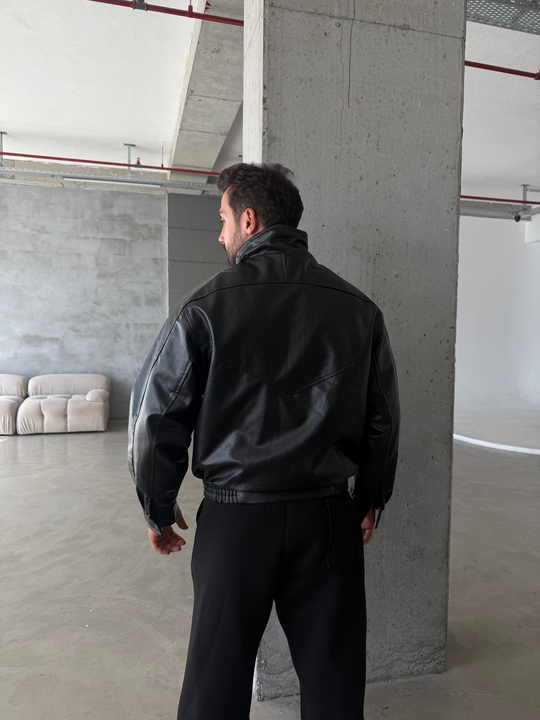 Siyah Vortex Leather Kapalı Yaka Ceket ZG