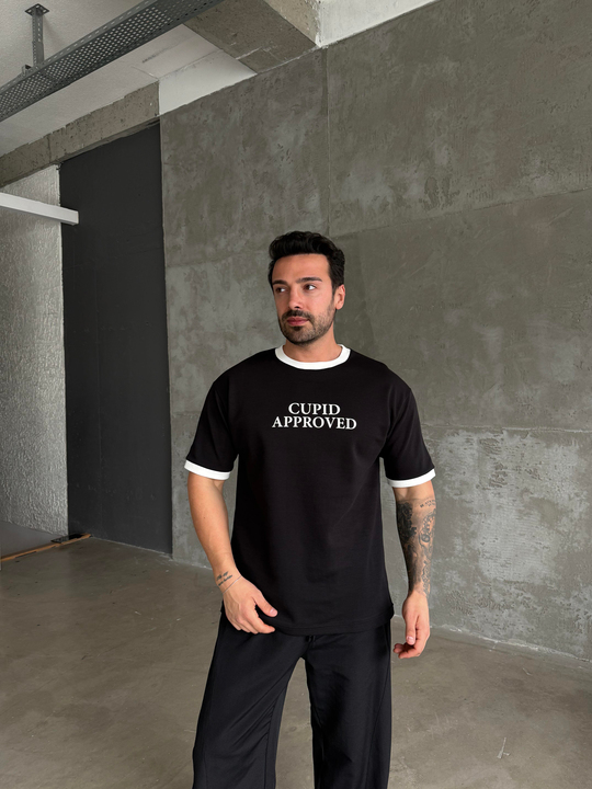 Siyah Cupid Baskılı Pamuk Oversize Tişört N1368 SNZ