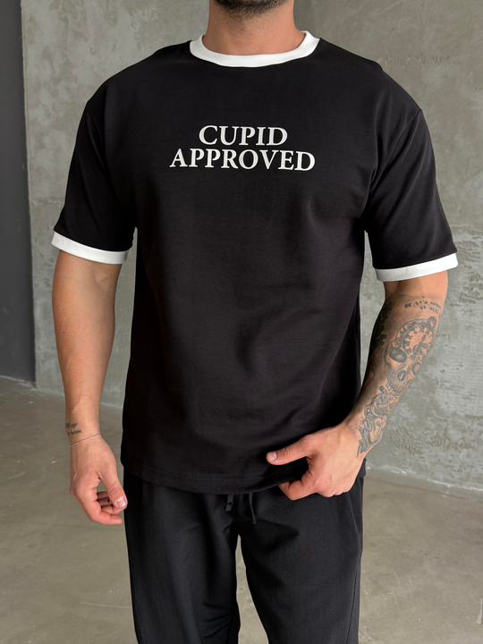 Siyah Cupid Baskılı Pamuk Oversize Tişört N1368 SNZ