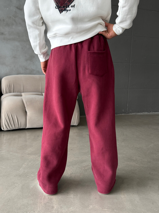 Bordo Cep Fermuarlı Yıkamalı Bol Eşofman BRR 100109