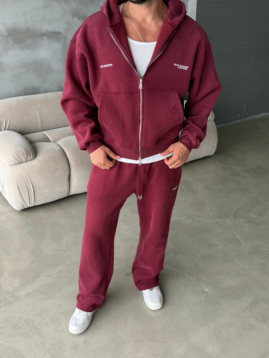 Bordo From Baskılı Yıkamalı Fırçalı 3 İplik Tam Zip Takım BRR 90106