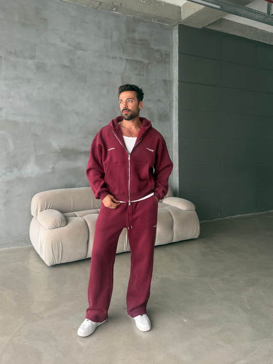 Bordo From Baskılı Yıkamalı Fırçalı 3 İplik Tam Zip Takım BRR 90106