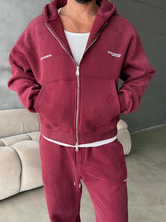 Bordo From Baskılı Yıkamalı Fırçalı 3 İplik Tam Zip Takım BRR 90106