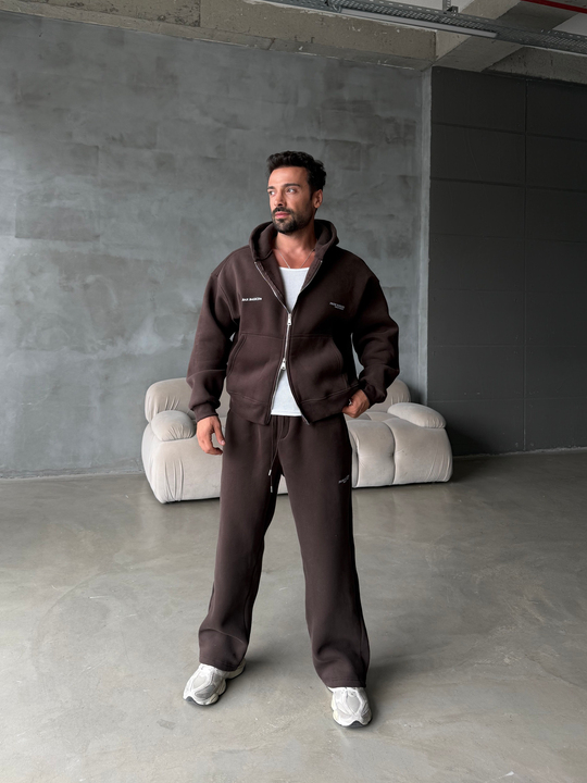 Kahve From Baskılı Yıkamalı Fırçalı 3 İplik Tam Zip Takım BRR 90106