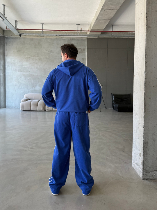 Saksmavi Şeritli Yumuşak Gabardin Çelik Fermuar Bol Takım NM
