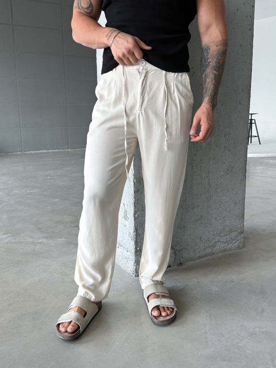 Bej Tensel Düğmeli Bağcıklı Bol Pantalon SNZ 1483