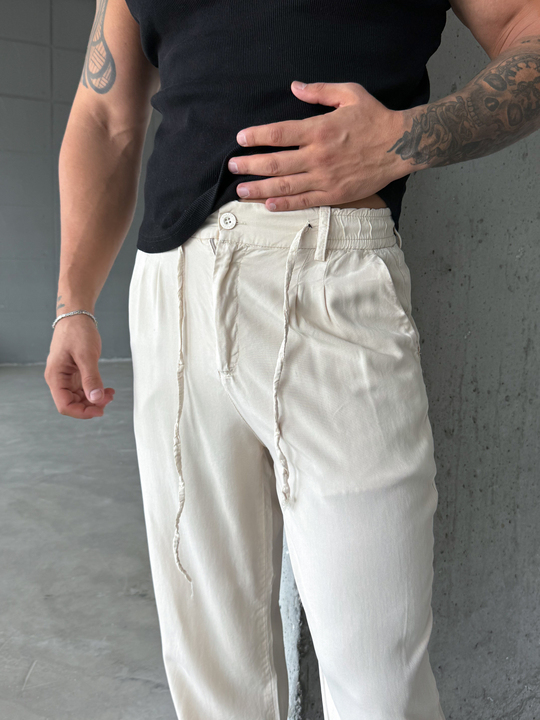 Bej Tensel Düğmeli Bağcıklı Bol Pantalon SNZ 1483